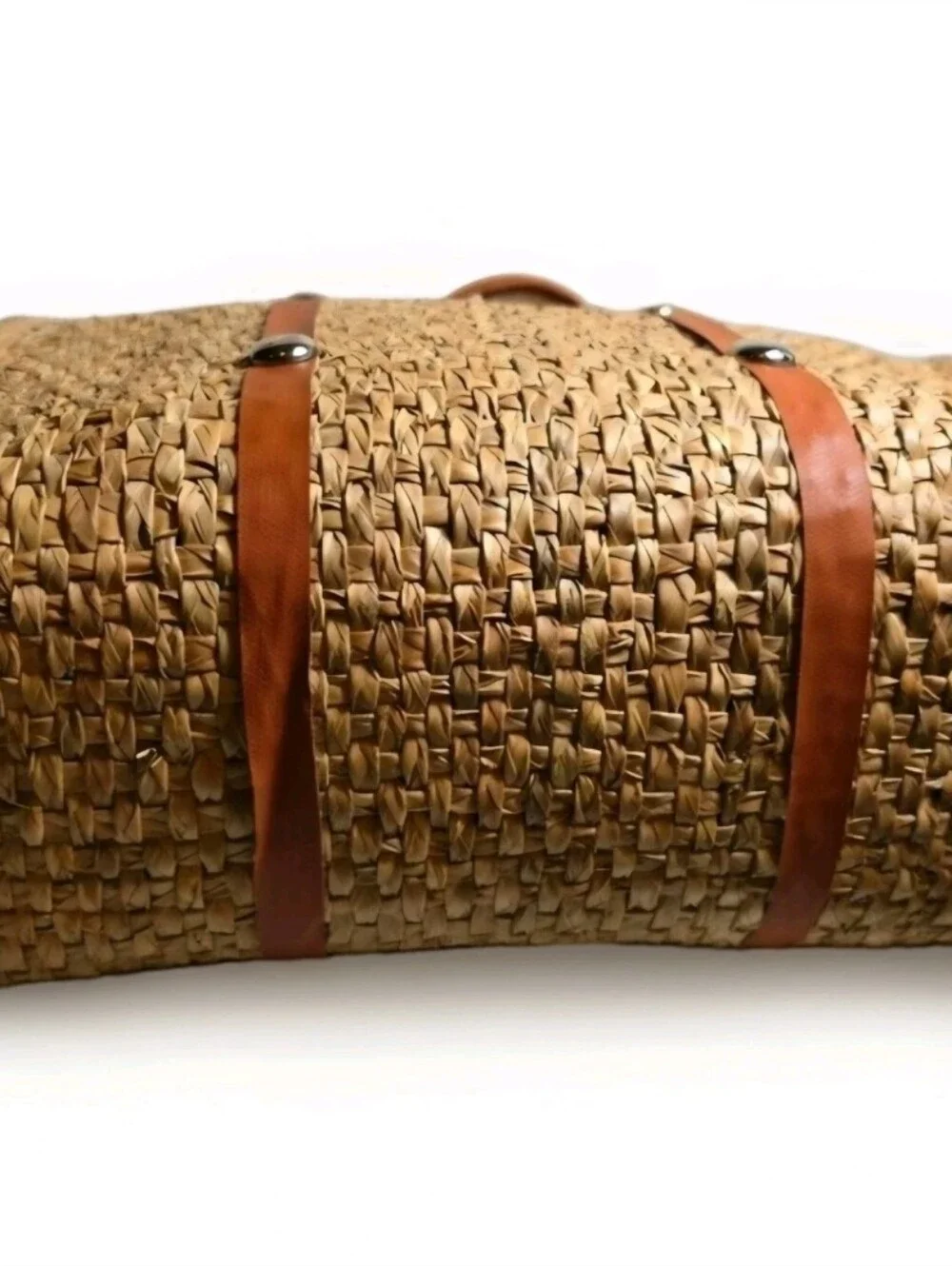 Woven Straw Tote Bag with Yellow Embroidery